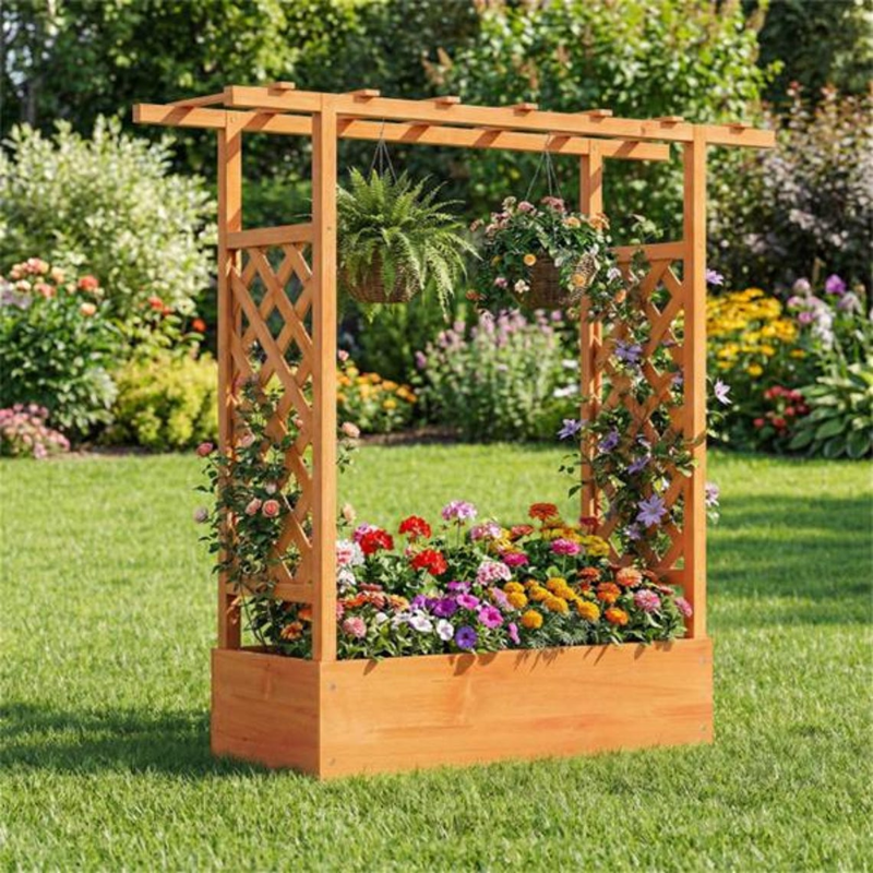 Fir Wood Raised Garden Bed with Trellis and Planter Box for Vegetables & Flowers