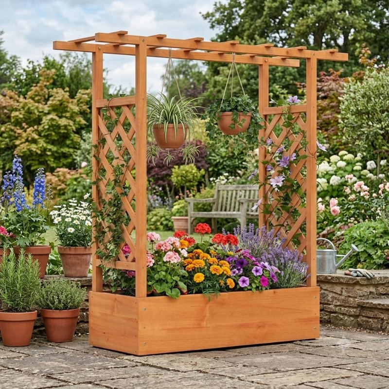 Fir Wood Raised Garden Bed with Trellis and Planter Box for Vegetables & Flowers
