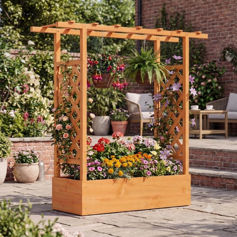 Fir Wood Raised Garden Bed with Trellis and Planter Box for Vegetables & Flowers