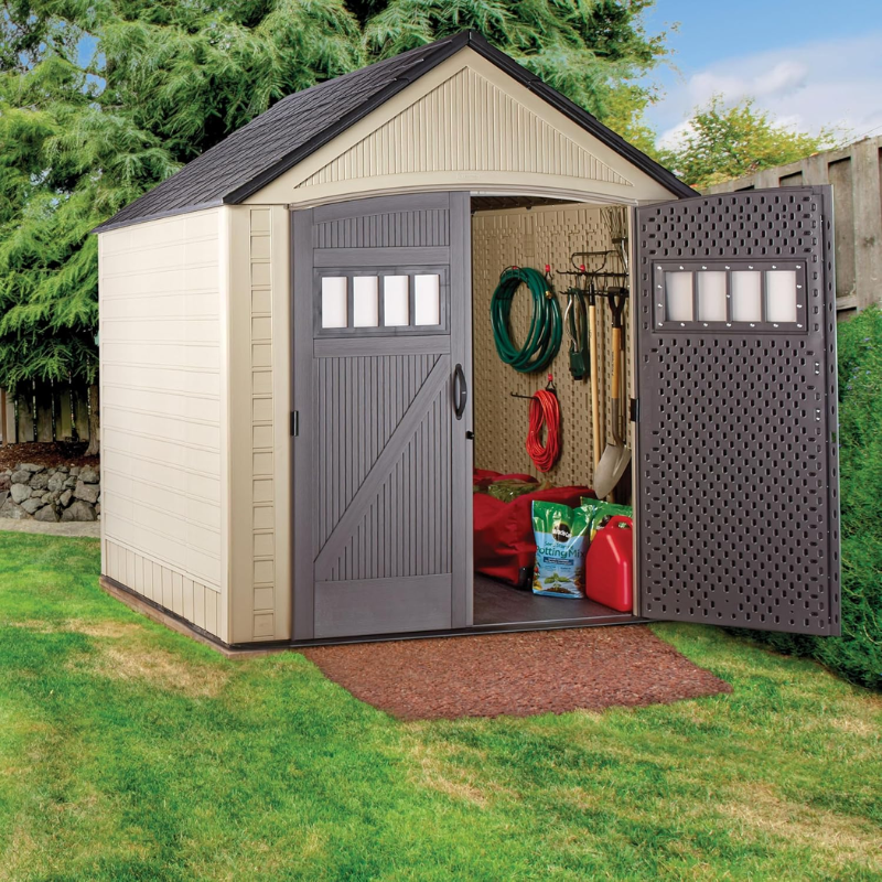 7 x 7 Ft Resin Outdoor Storage Shed with Floor, Weather-Resistant Garden Storage for Lawn Equipment, Bikes and Pool Supplies, Brown