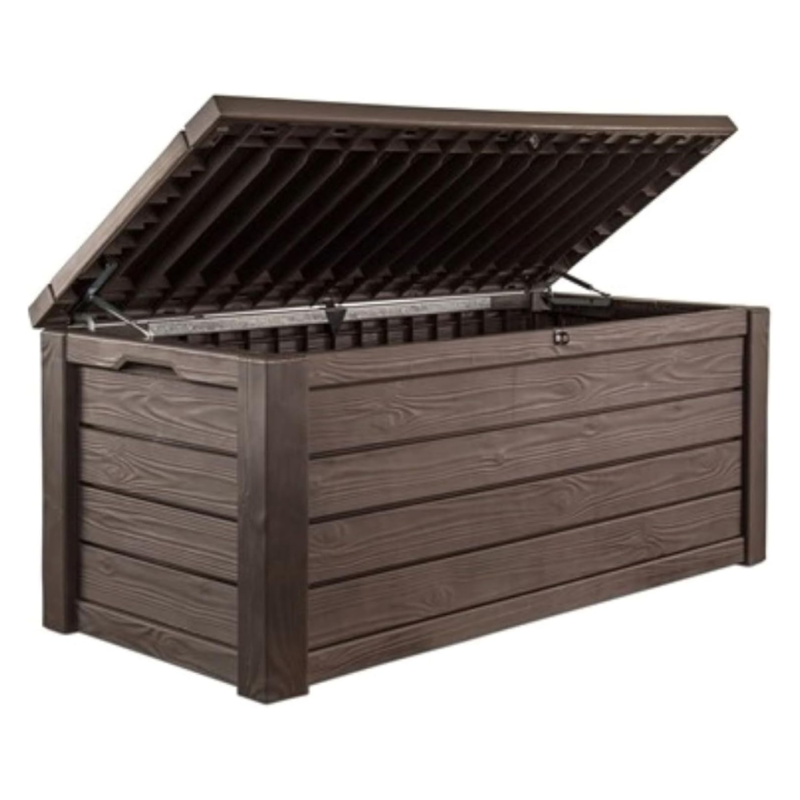 150 Gallon Outdoor Resin Deck Storage Box with Lockable Lid and Hydraulic Lift, Brown