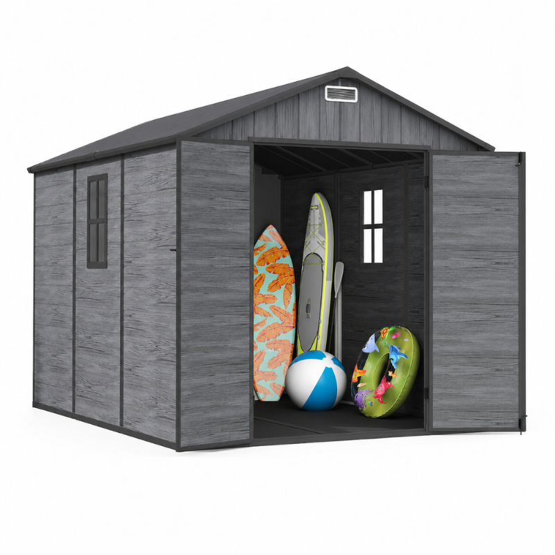 8 x 10 Ft Outdoor Resin Storage Shed with Floor, Lockable Garden Storage for Tools, Bicycles and Outdoor Equipment, Dark Grey