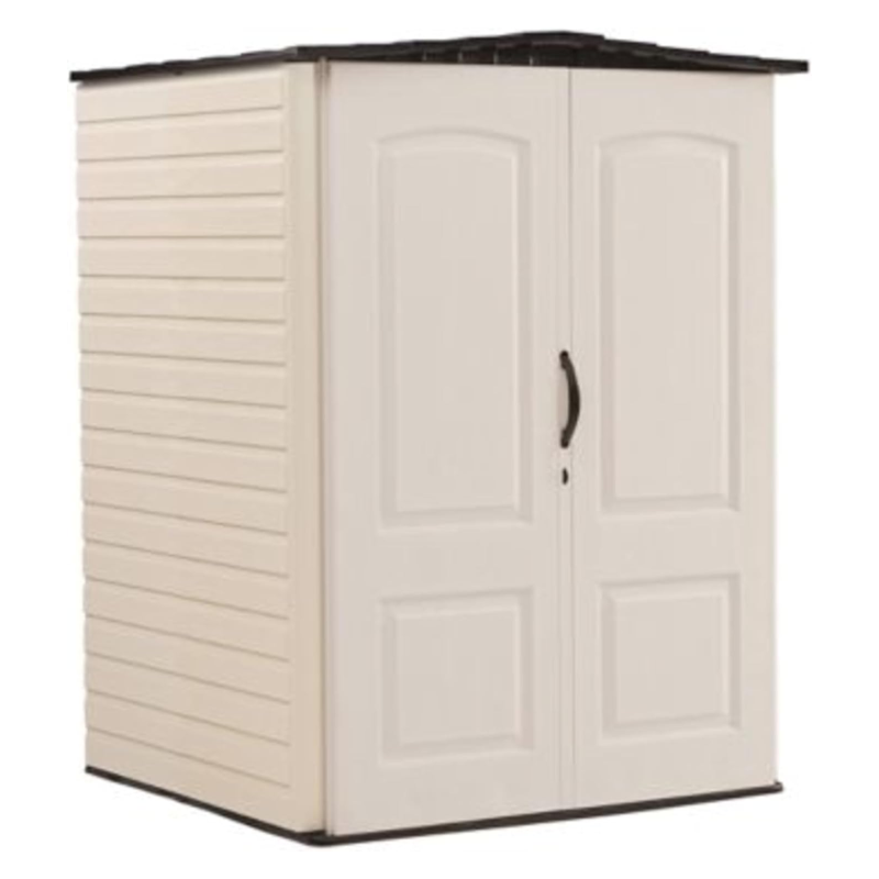 4.3 x 4.6 Ft Vertical Resin Outdoor Storage Shed with Floor, Weather-Resistant Garden Storage for Tools, Lawn Equipment and Bicycles, Beige/Brown