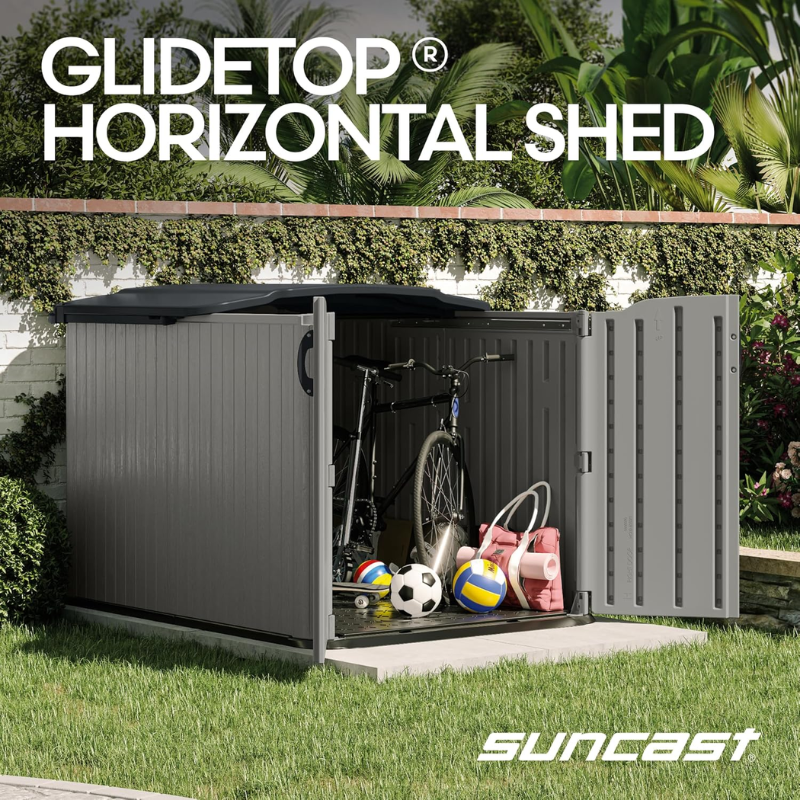 Suncast 138 Cu. Ft. Horizontal Outdoor Storage Shed | Gray Resin | Glidetop Sliding Lid