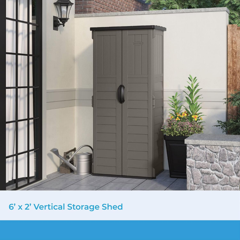 Suncast 22 Cu. Ft. Vertical Outdoor Storage Shed | Stoney Resin | Lockable Double Doors