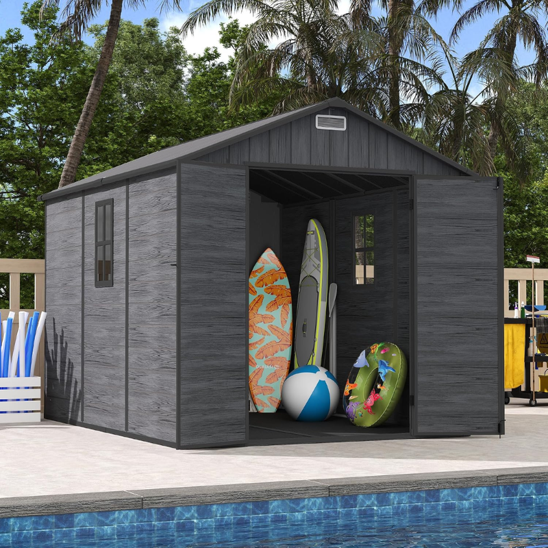 8 x 10 Ft Outdoor Resin Storage Shed with Floor, Lockable Garden Storage for Tools, Bicycles and Outdoor Equipment, Dark Grey