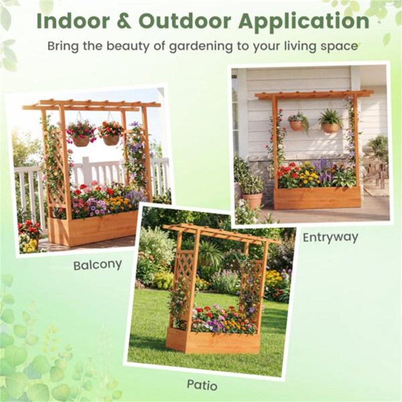 Fir Wood Raised Garden Bed with Trellis and Planter Box for Vegetables & Flowers