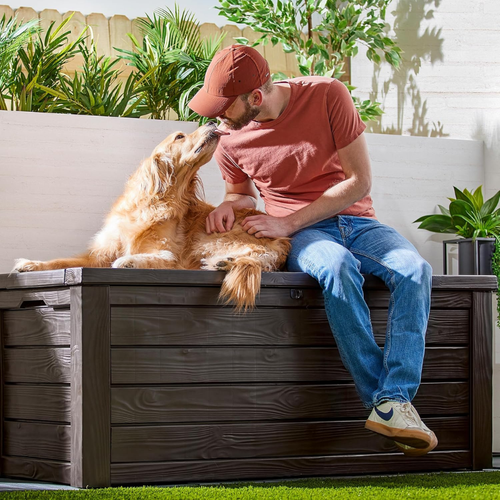 150 Gallon Outdoor Resin Deck Storage Box with Lockable Lid and Hydraulic Lift, Brown
