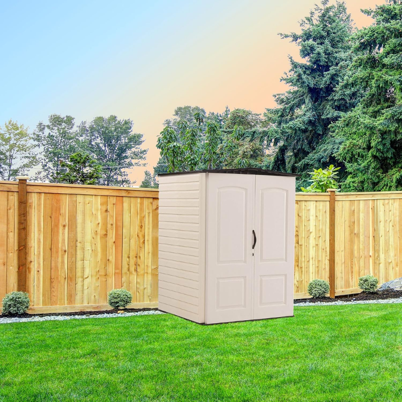 4.3 x 4.6 Ft Vertical Resin Outdoor Storage Shed with Floor, Weather-Resistant Garden Storage for Tools, Lawn Equipment and Bicycles, Beige/Brown