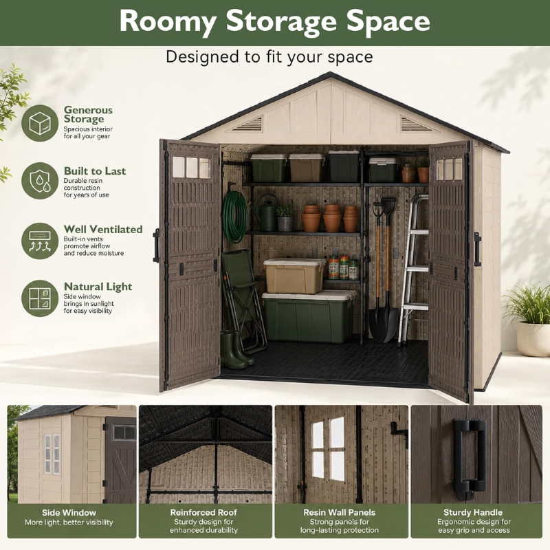 8 x 6 FT HDPE Resin Storage Shed with Floor for Garden & Backyard