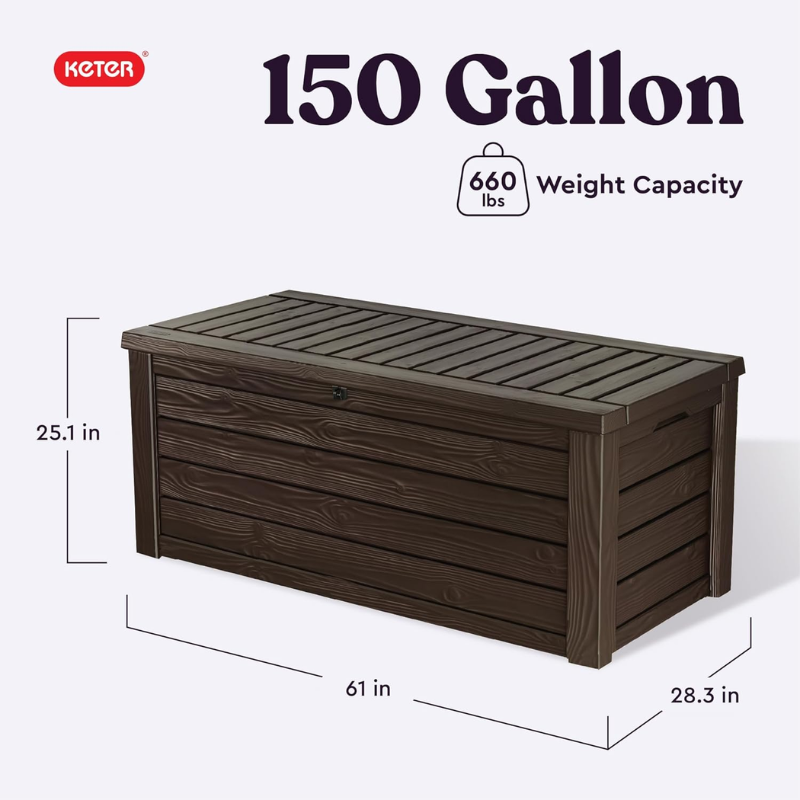 150 Gallon Outdoor Resin Deck Storage Box with Lockable Lid and Hydraulic Lift, Brown
