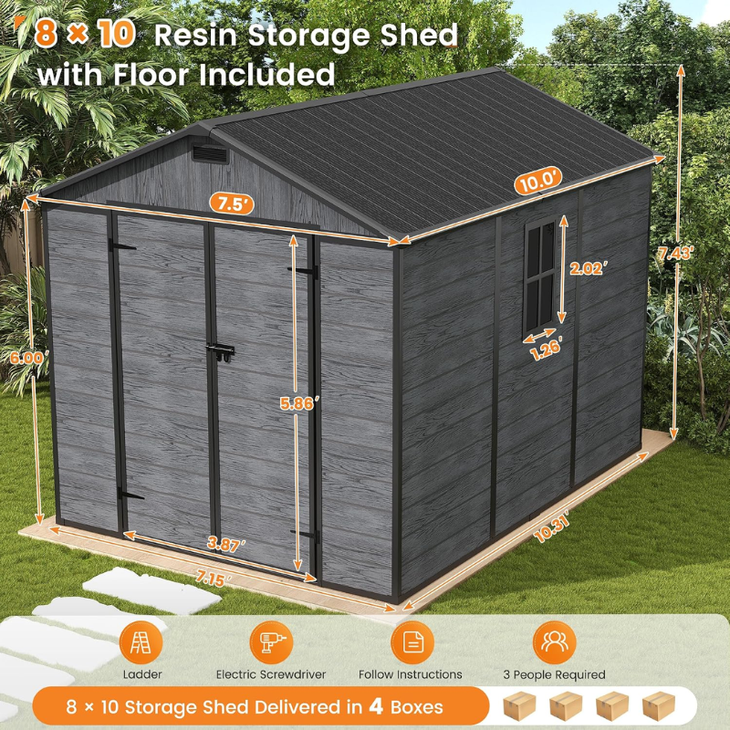 8 x 10 Ft Outdoor Resin Storage Shed with Floor, Lockable Garden Storage for Tools, Bicycles and Outdoor Equipment, Dark Grey