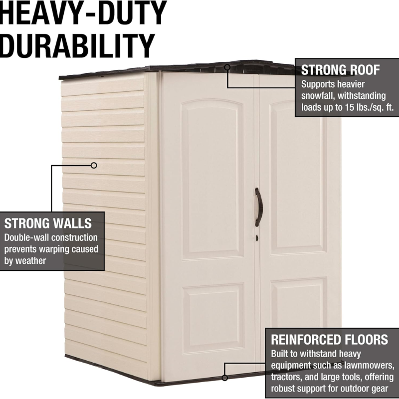 4.3 x 4.6 Ft Vertical Resin Outdoor Storage Shed with Floor, Weather-Resistant Garden Storage for Tools, Lawn Equipment and Bicycles, Beige/Brown