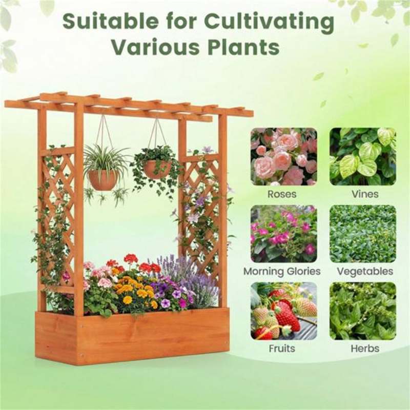 Fir Wood Raised Garden Bed with Trellis and Planter Box for Vegetables & Flowers