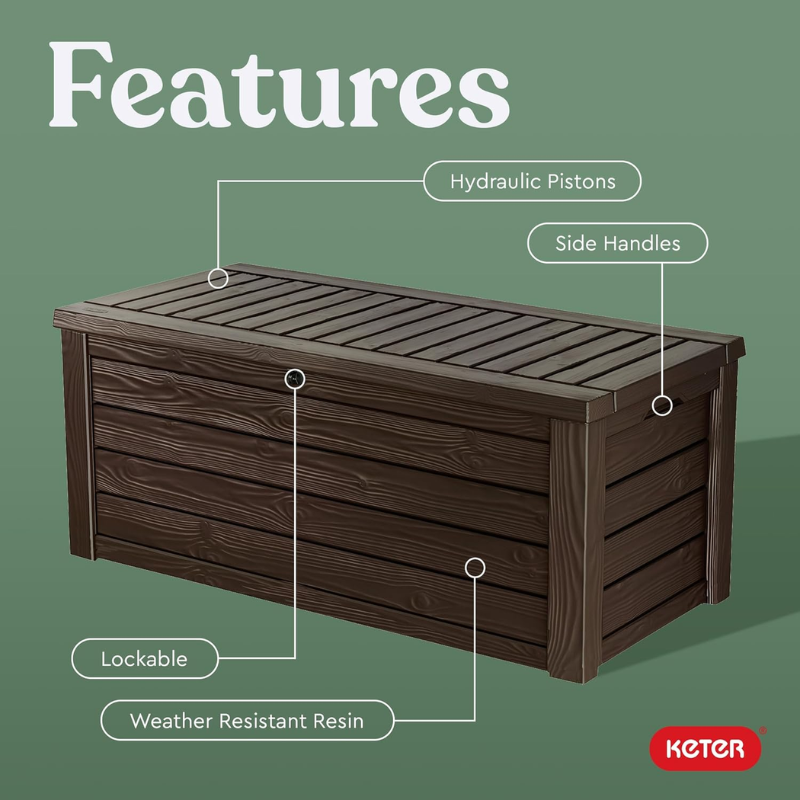 150 Gallon Outdoor Resin Deck Storage Box with Lockable Lid and Hydraulic Lift, Brown
