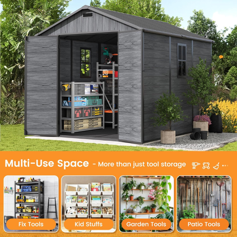 8 x 10 Ft Outdoor Resin Storage Shed with Floor, Lockable Garden Storage for Tools, Bicycles and Outdoor Equipment, Dark Grey
