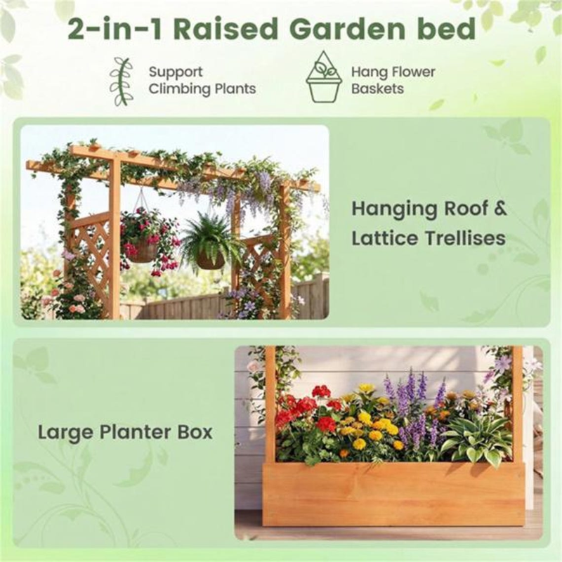 Fir Wood Raised Garden Bed with Trellis and Planter Box for Vegetables & Flowers