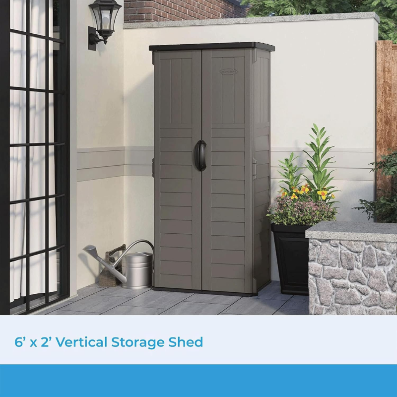 Suncast 22 Cu. Ft. Vertical Outdoor Storage Shed | Stoney Resin | Lockable Double Doors