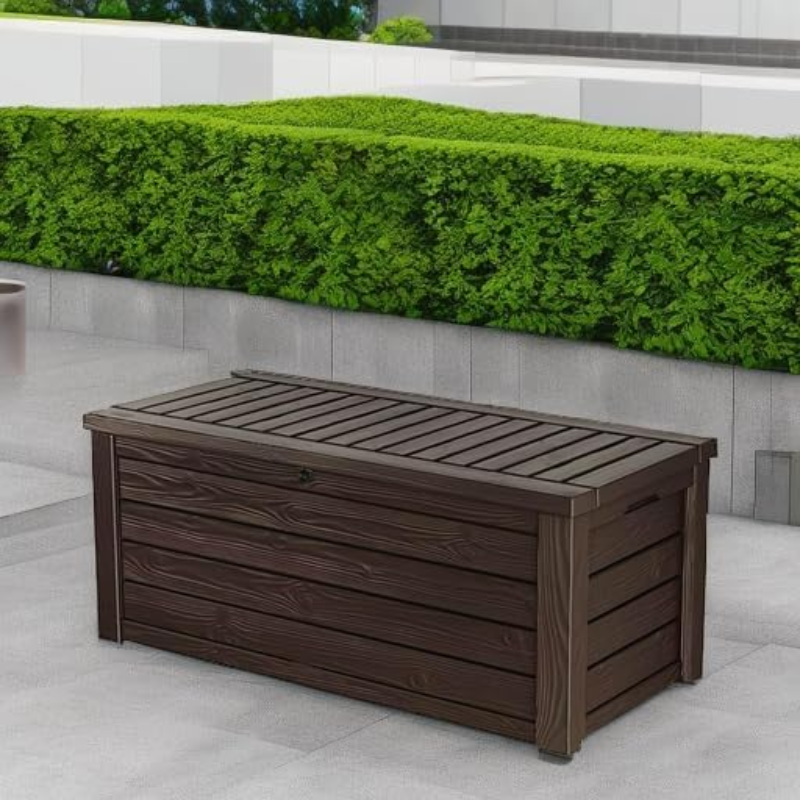 150 Gallon Outdoor Resin Deck Storage Box with Lockable Lid and Hydraulic Lift, Brown
