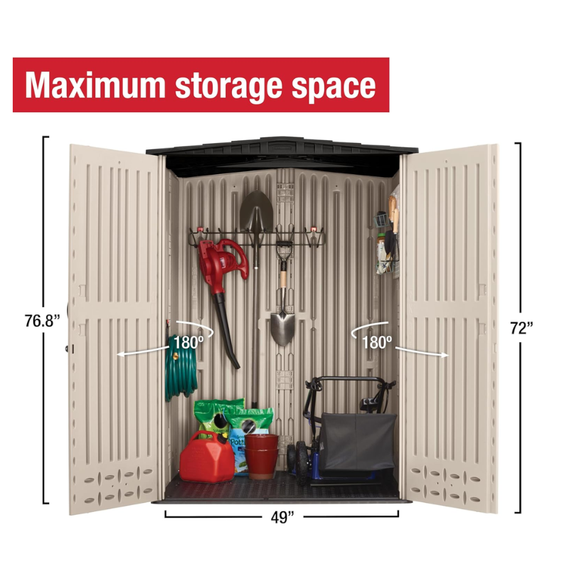 4.3 x 4.6 Ft Vertical Resin Outdoor Storage Shed with Floor, Weather-Resistant Garden Storage for Tools, Lawn Equipment and Bicycles, Beige/Brown