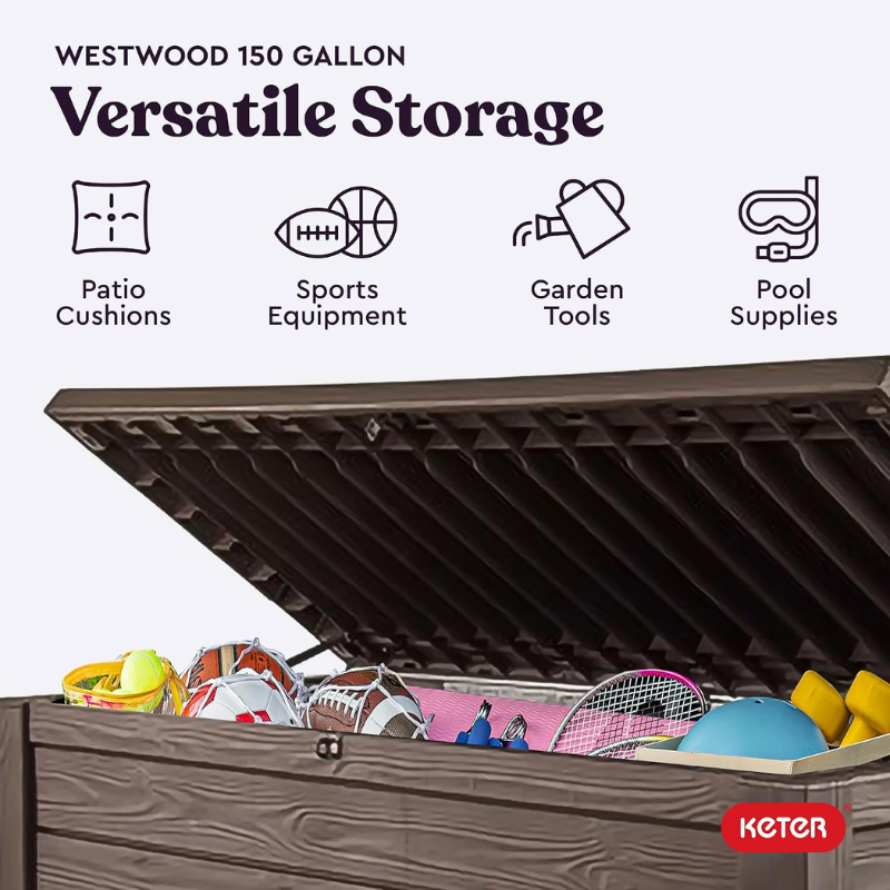 150 Gallon Outdoor Resin Deck Storage Box with Lockable Lid and Hydraulic Lift, Brown
