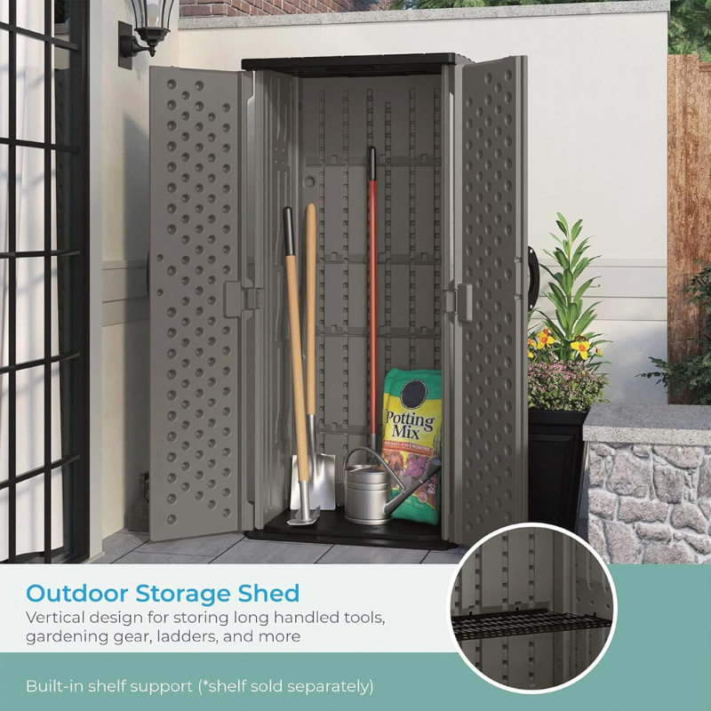 Suncast 22 Cu. Ft. Vertical Outdoor Storage Shed | Stoney Resin | Lockable Double Doors