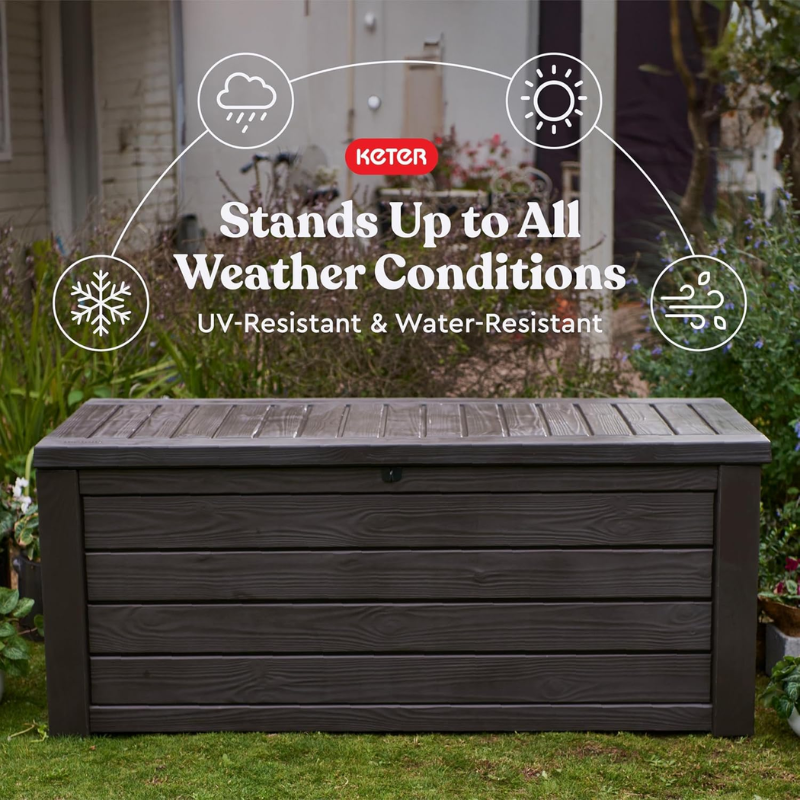 150 Gallon Outdoor Resin Deck Storage Box with Lockable Lid and Hydraulic Lift, Brown