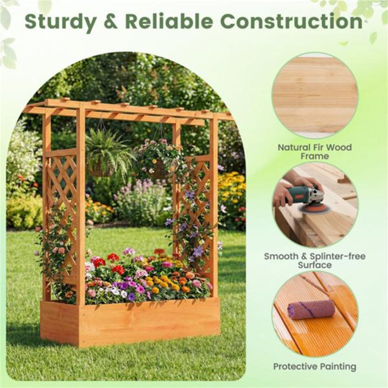 Fir Wood Raised Garden Bed with Trellis and Planter Box for Vegetables & Flowers