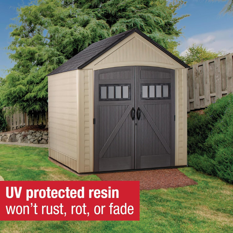 7 x 7 Ft Resin Outdoor Storage Shed with Floor, Weather-Resistant Garden Storage for Lawn Equipment, Bikes and Pool Supplies, Brown