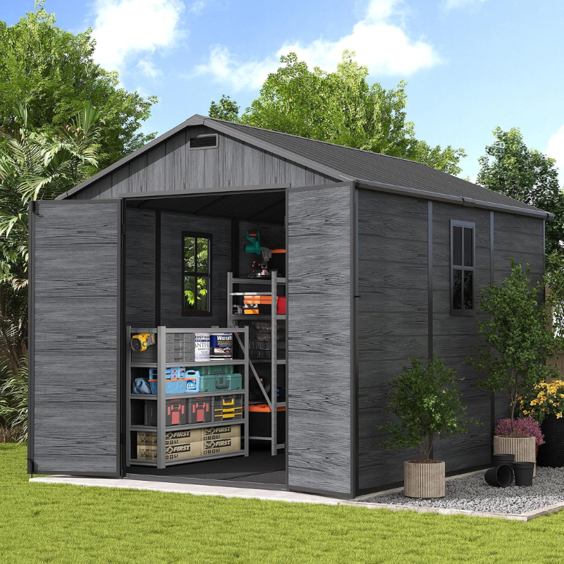 8 x 10 Ft Outdoor Resin Storage Shed with Floor, Lockable Garden Storage for Tools, Bicycles and Outdoor Equipment, Dark Grey