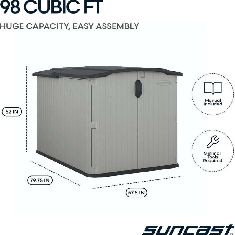 Suncast 138 Cu. Ft. Horizontal Outdoor Storage Shed | Gray Resin | Glidetop Sliding Lid