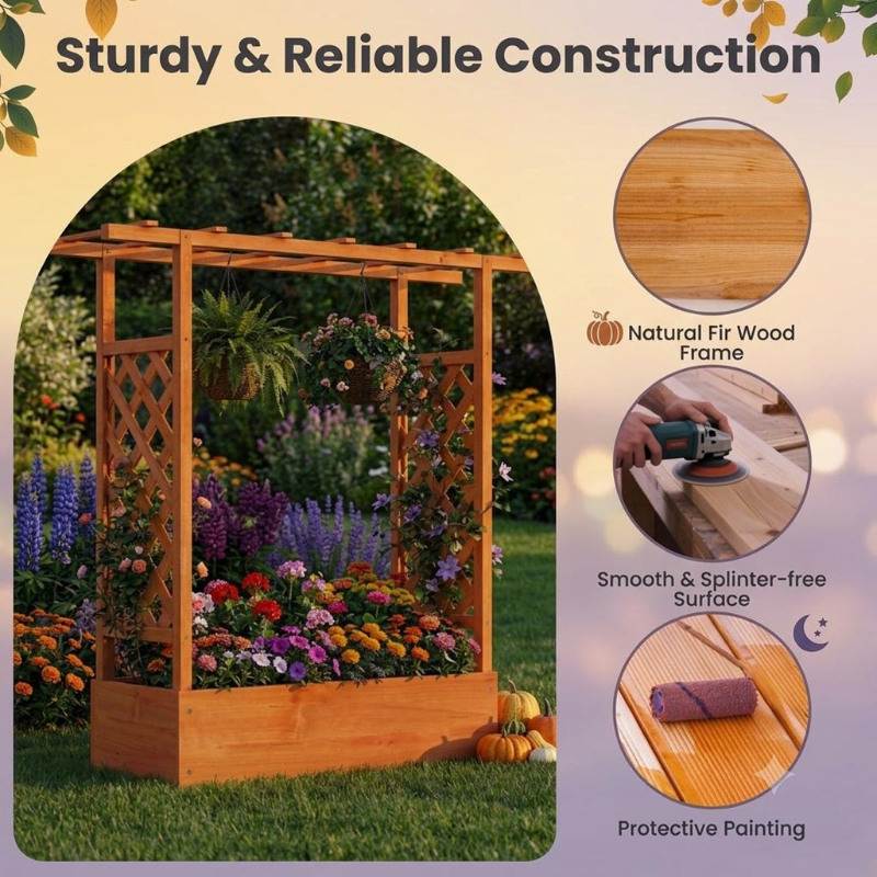 Fir Wood Raised Garden Bed with Trellis and Planter Box for Vegetables & Flowers
