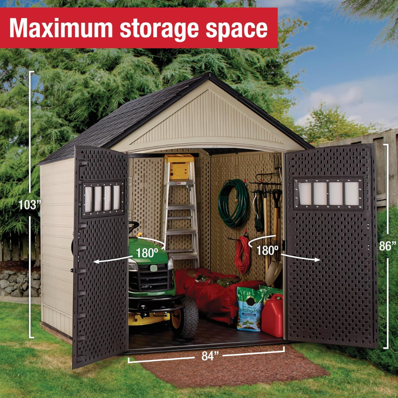 7 x 7 Ft Resin Outdoor Storage Shed with Floor, Weather-Resistant Garden Storage for Lawn Equipment, Bikes and Pool Supplies, Brown