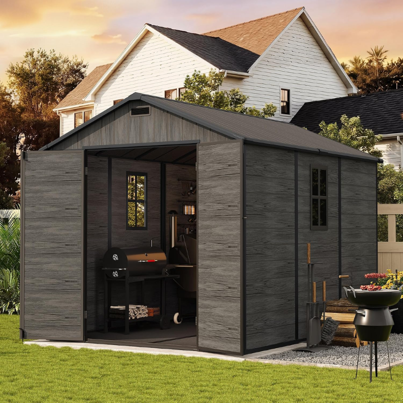 8 x 10 Ft Outdoor Resin Storage Shed with Floor, Lockable Garden Storage for Tools, Bicycles and Outdoor Equipment, Dark Grey