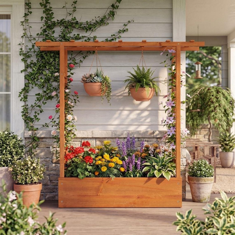 Fir Wood Raised Garden Bed with Trellis and Planter Box for Vegetables & Flowers